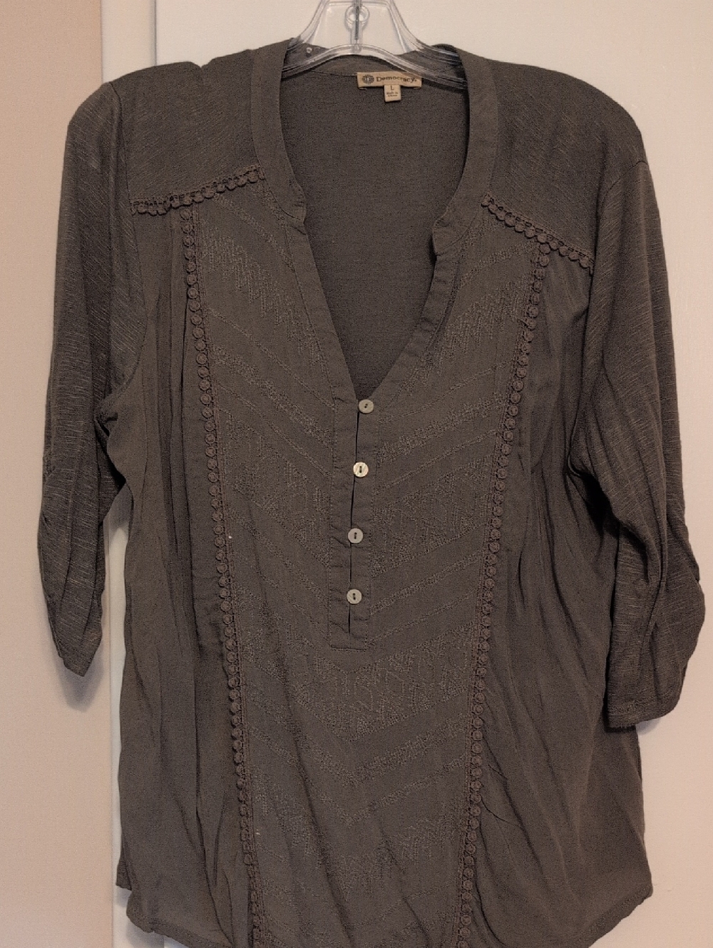 Democracy Olive Green Button Henley Tunic with Crochet Trim